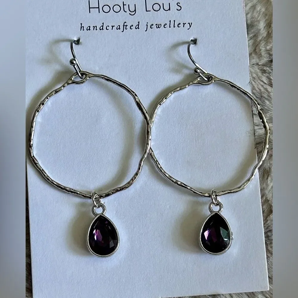 Purple -Textured Silver Hoop Drop Earrings Dark Purple Charm Formal Casual Chic